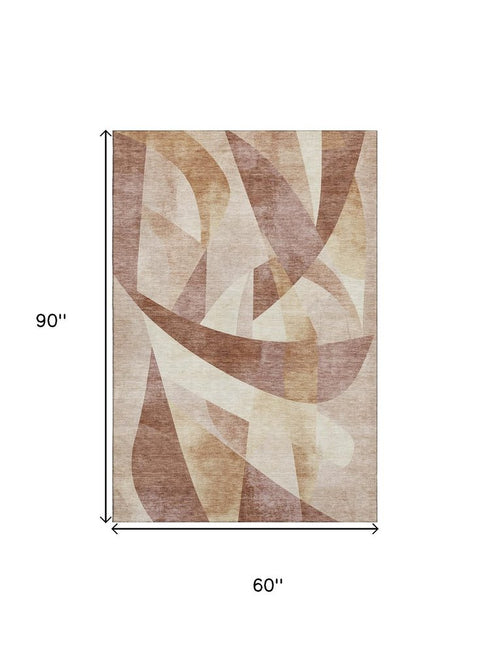 5' X 8' Rust Copper And Wheat Abstract Geometric Washable Area Rug With UV Protection