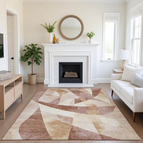 9' X 12' Rust Copper And Wheat Abstract Geometric Washable Area Rug With UV Protection
