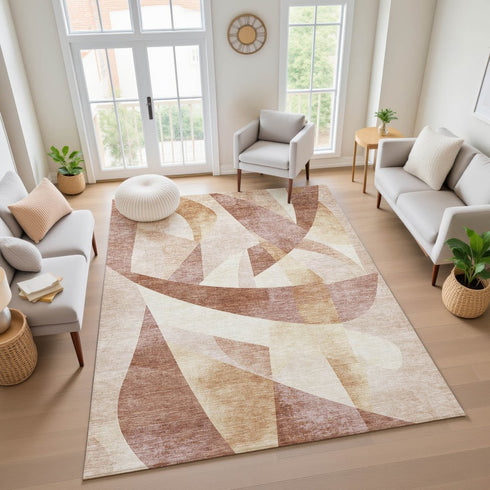 9' X 12' Rust Copper And Wheat Abstract Geometric Washable Area Rug With UV Protection