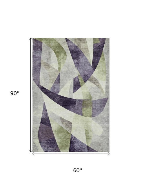 5' X 8' Purple Ivory And Green Abstract Geometric Washable Area Rug With UV Protection