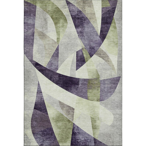 5' X 8' Purple Ivory And Green Abstract Geometric Washable Area Rug With UV Protection