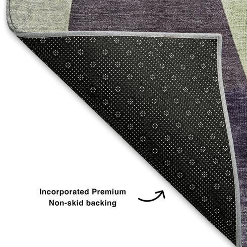 5' X 8' Purple Ivory And Green Abstract Geometric Washable Area Rug With UV Protection