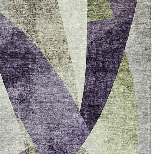 5' X 8' Purple Ivory And Green Abstract Geometric Washable Area Rug With UV Protection