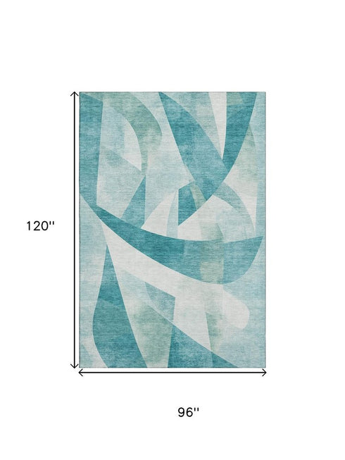 8' X 10' Teal And Ivory Abstract Geometric Washable Area Rug With UV Protection