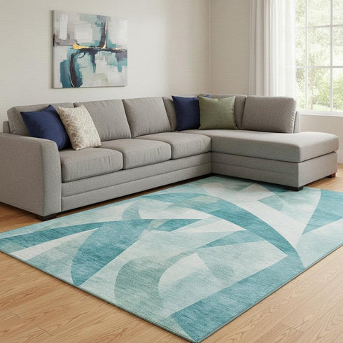 8' X 10' Teal And Ivory Abstract Geometric Washable Area Rug With UV Protection