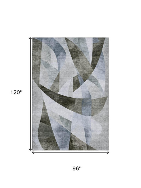 8' X 10' Taupe Blue And Ivory Abstract Geometric Washable Area Rug With UV Protection