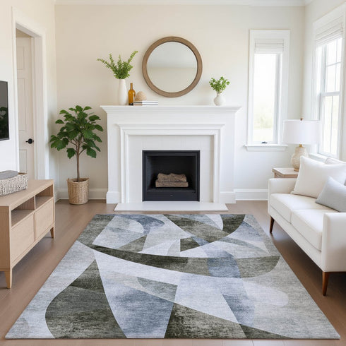 8' X 10' Taupe Blue And Ivory Abstract Geometric Washable Area Rug With UV Protection