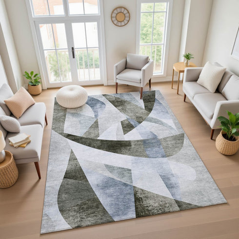 8' X 10' Taupe Blue And Ivory Abstract Geometric Washable Area Rug With UV Protection