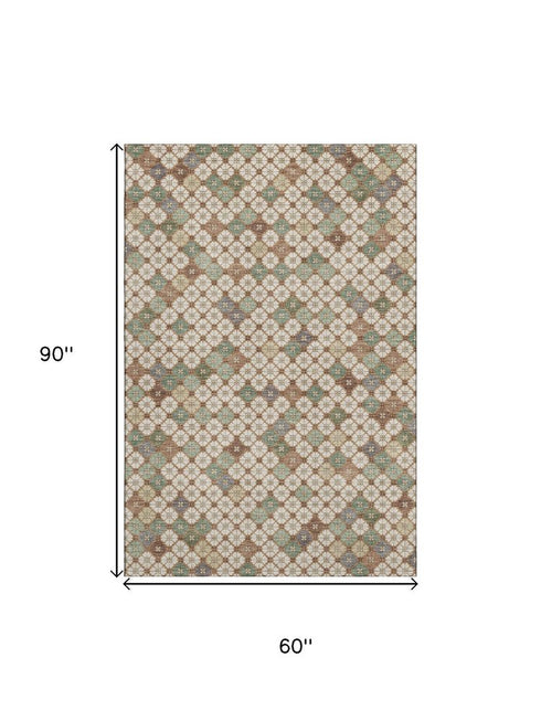 5' X 8' Beige Ivory And Sage Geometric Washable Area Rug With UV Protection