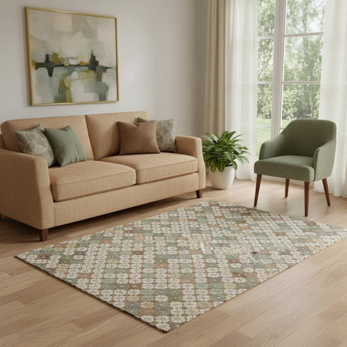 5' X 8' Beige Ivory And Sage Geometric Washable Area Rug With UV Protection
