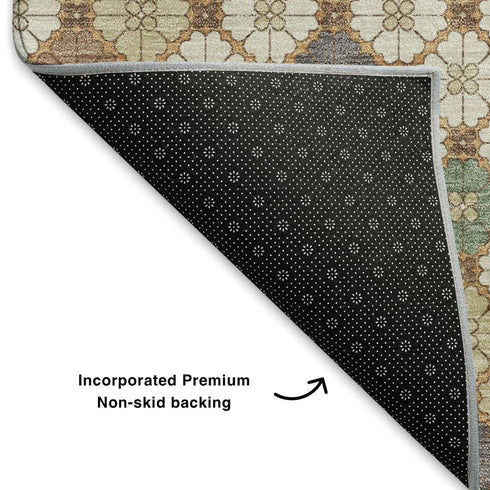 5' X 8' Beige Ivory And Sage Geometric Washable Area Rug With UV Protection