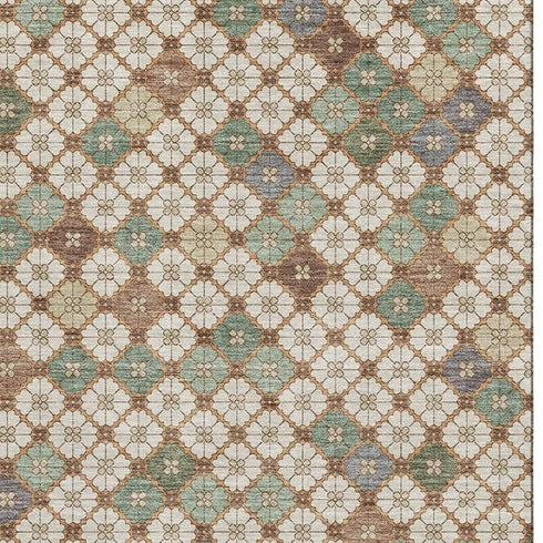 5' X 8' Beige Ivory And Sage Geometric Washable Area Rug With UV Protection