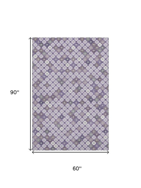 5' X 8' Lavender Ivory And Gray Geometric Washable Area Rug With UV Protection
