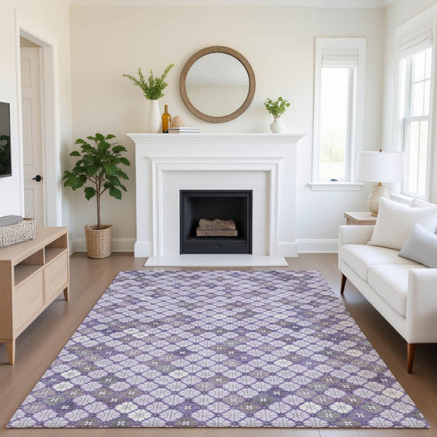 9' X 12' Lavender Ivory And Gray Geometric Washable Area Rug With UV Protection