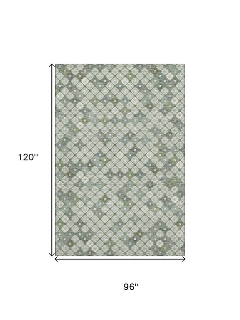 8' X 10' Mint Green And Ivory Geometric Washable Area Rug With UV Protection
