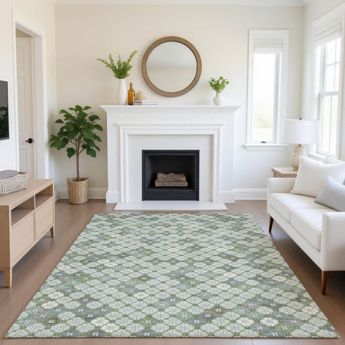 8' X 10' Mint Green And Ivory Geometric Washable Area Rug With UV Protection