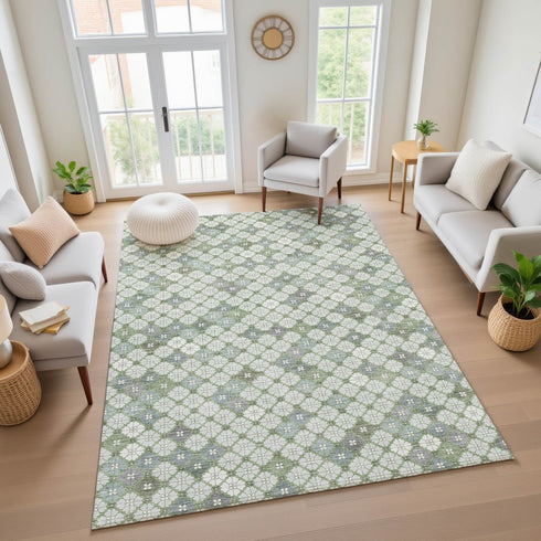 8' X 10' Mint Green And Ivory Geometric Washable Area Rug With UV Protection