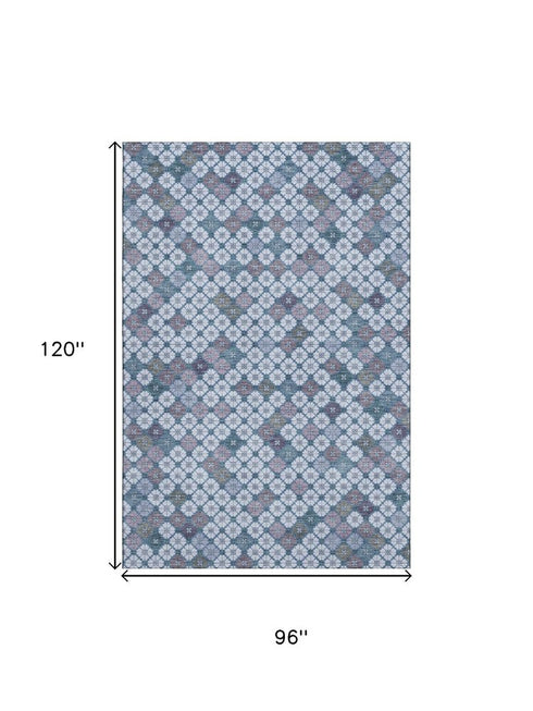 8' X 10' Sky Blue Teal And Lavender Geometric Washable Area Rug With UV Protection