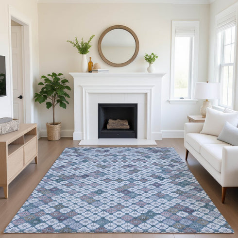 8' X 10' Sky Blue Teal And Lavender Geometric Washable Area Rug With UV Protection