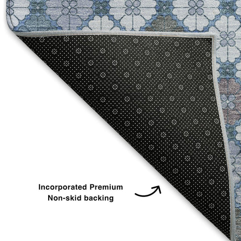 8' X 10' Sky Blue Teal And Lavender Geometric Washable Area Rug With UV Protection