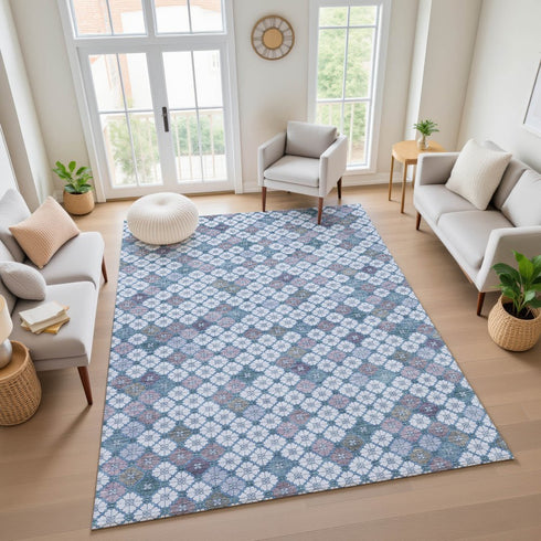8' X 10' Sky Blue Teal And Lavender Geometric Washable Area Rug With UV Protection