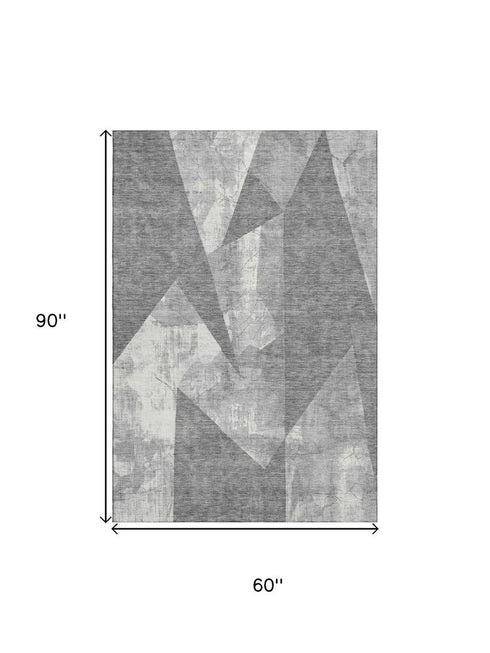 5' X 8' Gray And Ivory Abstract Geometric Washable Area Rug With UV Protection