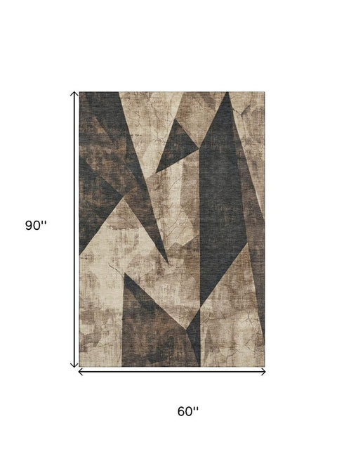 5' X 8' Coffee And Beige Abstract Geometric Washable Area Rug With UV Protection