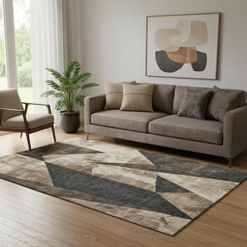 5' X 8' Coffee And Beige Abstract Geometric Washable Area Rug With UV Protection