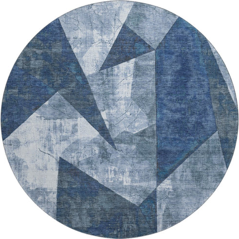 8' Navy Blue And Ivory Abstract Geometric Washable Round Rug With UV Protection