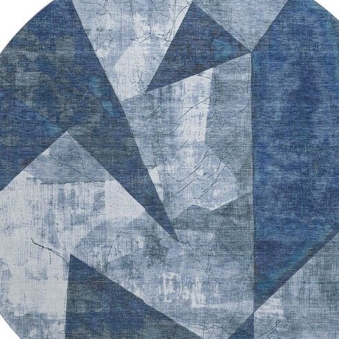 8' Navy Blue And Ivory Abstract Geometric Washable Round Rug With UV Protection