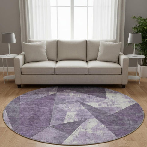 8' Purple And Ivory Abstract Geometric Washable Round Rug With UV Protection