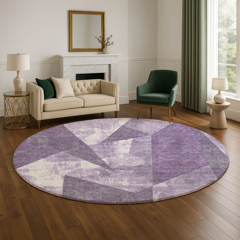 8' Purple And Ivory Abstract Geometric Washable Round Rug With UV Protection