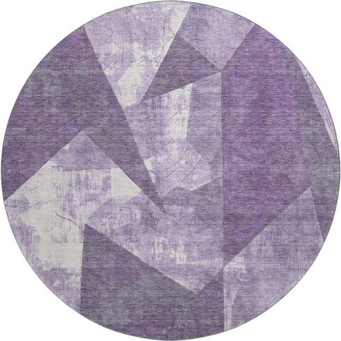 8' Purple And Ivory Abstract Geometric Washable Round Rug With UV Protection