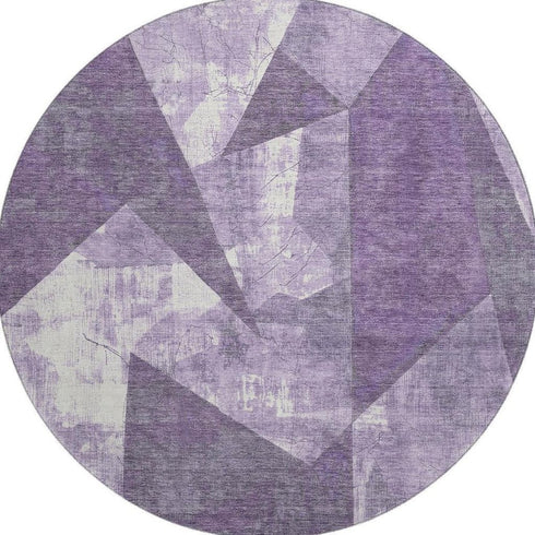 8' Purple And Ivory Abstract Geometric Washable Round Rug With UV Protection