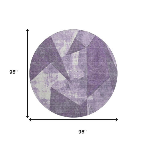 8' Purple And Ivory Abstract Geometric Washable Round Rug With UV Protection