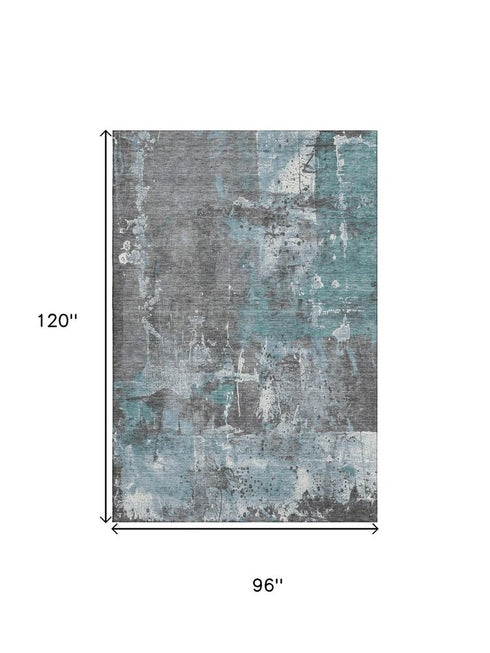 8' X 10' Teal Gray And Ivory Abstract Washable Area Rug With UV Protection