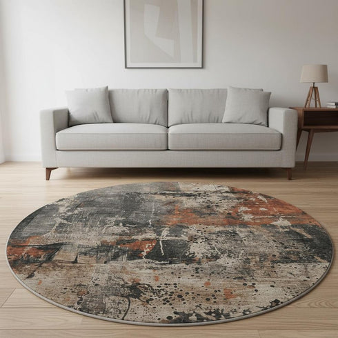 8' Taupe Gray And Beige Abstract Washable Round Rug With UV Protection