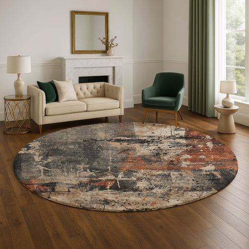 8' Taupe Gray And Beige Abstract Washable Round Rug With UV Protection