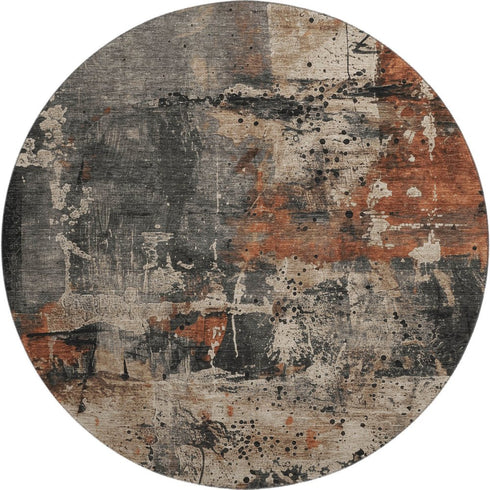 8' Taupe Gray And Beige Abstract Washable Round Rug With UV Protection