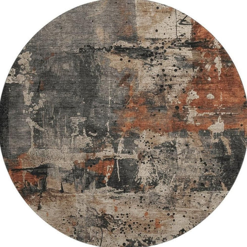 8' Taupe Gray And Beige Abstract Washable Round Rug With UV Protection