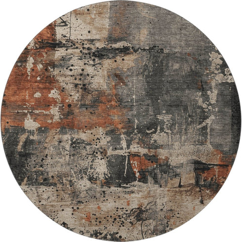 8' Taupe Gray And Beige Abstract Washable Round Rug With UV Protection