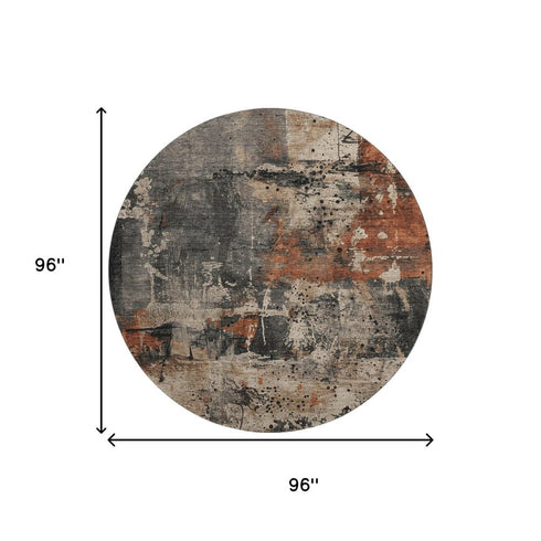 8' Taupe Gray And Beige Abstract Washable Round Rug With UV Protection