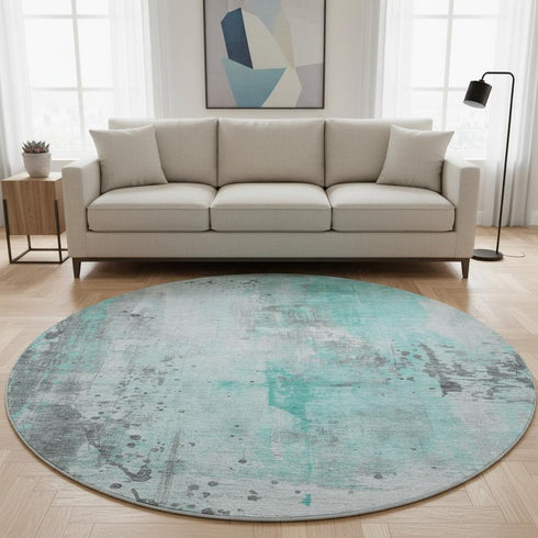 8' Teal Gray And Ivory Abstract Washable Round Rug With UV Protection
