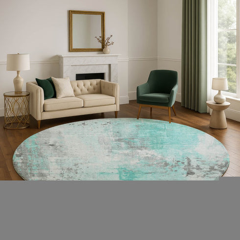 8' Teal Gray And Ivory Abstract Washable Round Rug With UV Protection