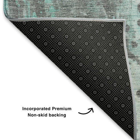 8' Teal Gray And Ivory Abstract Washable Round Rug With UV Protection