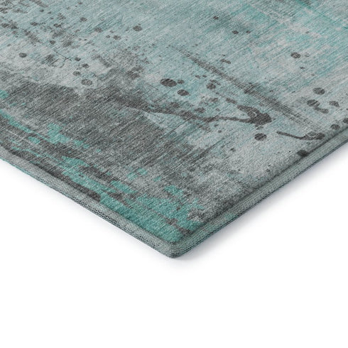 8' Teal Gray And Ivory Abstract Washable Round Rug With UV Protection