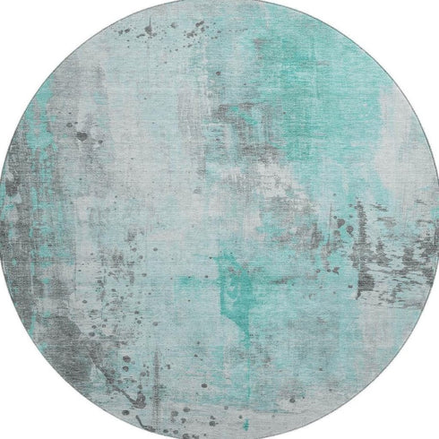 8' Teal Gray And Ivory Abstract Washable Round Rug With UV Protection
