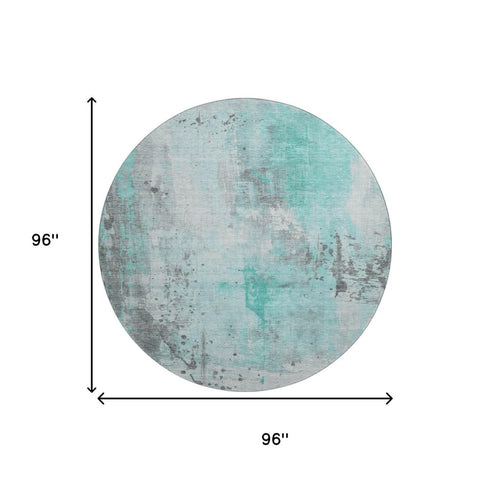 8' Teal Gray And Ivory Abstract Washable Round Rug With UV Protection