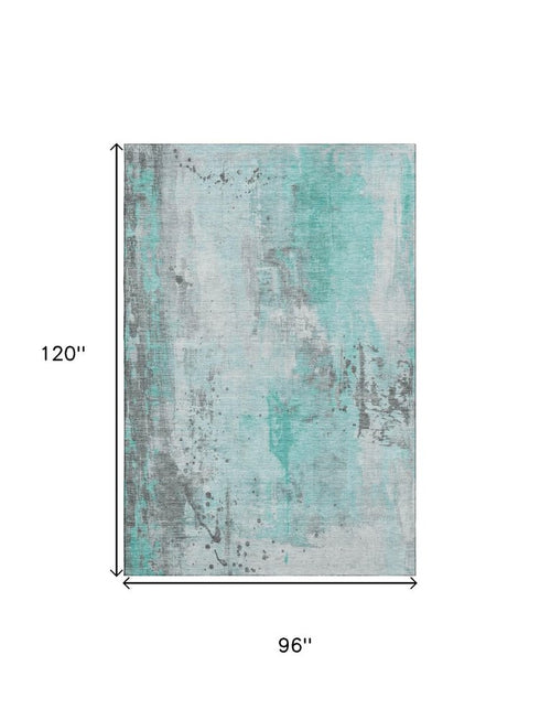 8' X 10' Teal Gray And Ivory Abstract Washable Area Rug With UV Protection