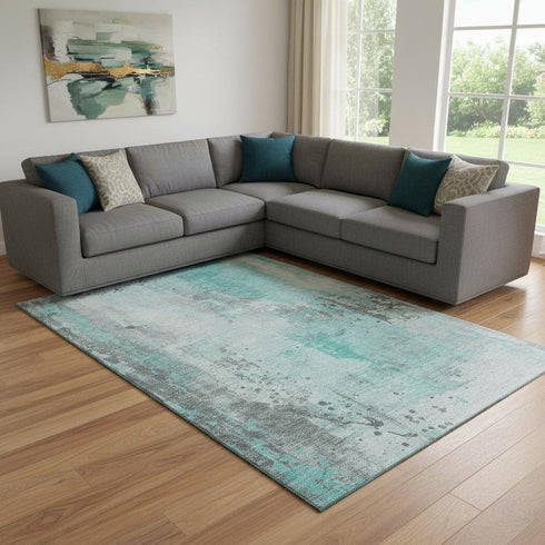 8' X 10' Teal Gray And Ivory Abstract Washable Area Rug With UV Protection